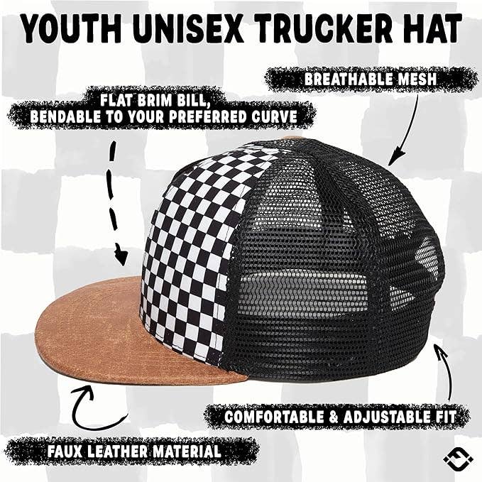 Flat Brim Trucker Hat - Checker/Faux Leather Brim