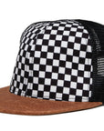 Flat Brim Trucker Hat - Checker/Faux Leather Brim