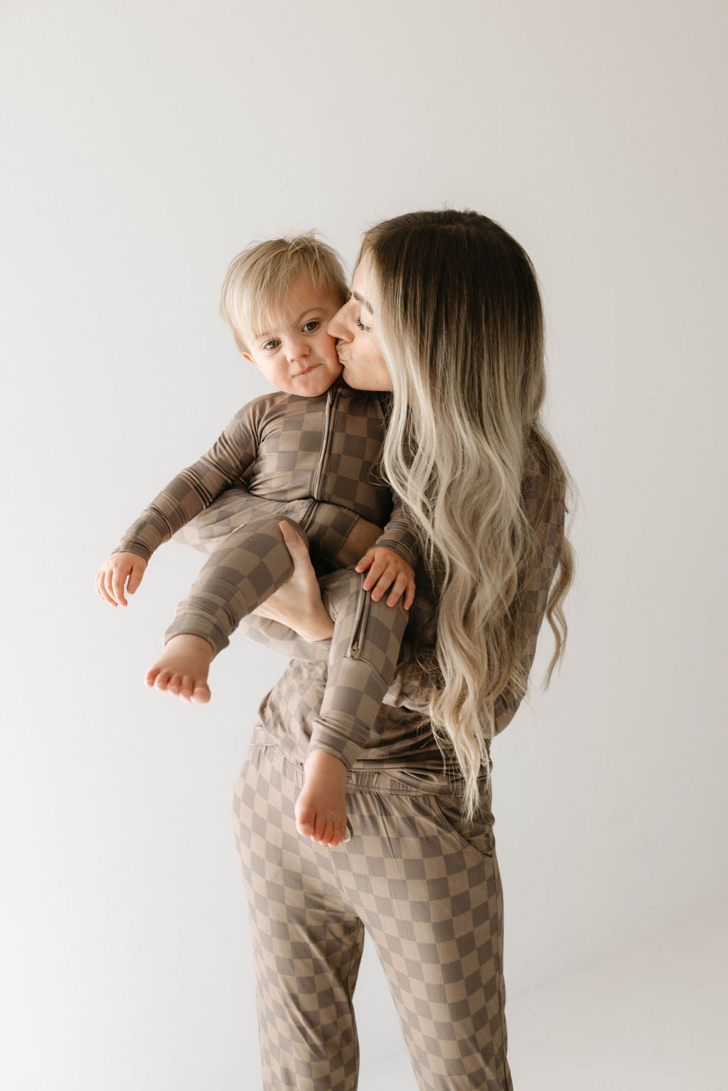 Women&#39;s Bamboo Pajama | Faded Brown Checkerboard || MATCHING KIDS