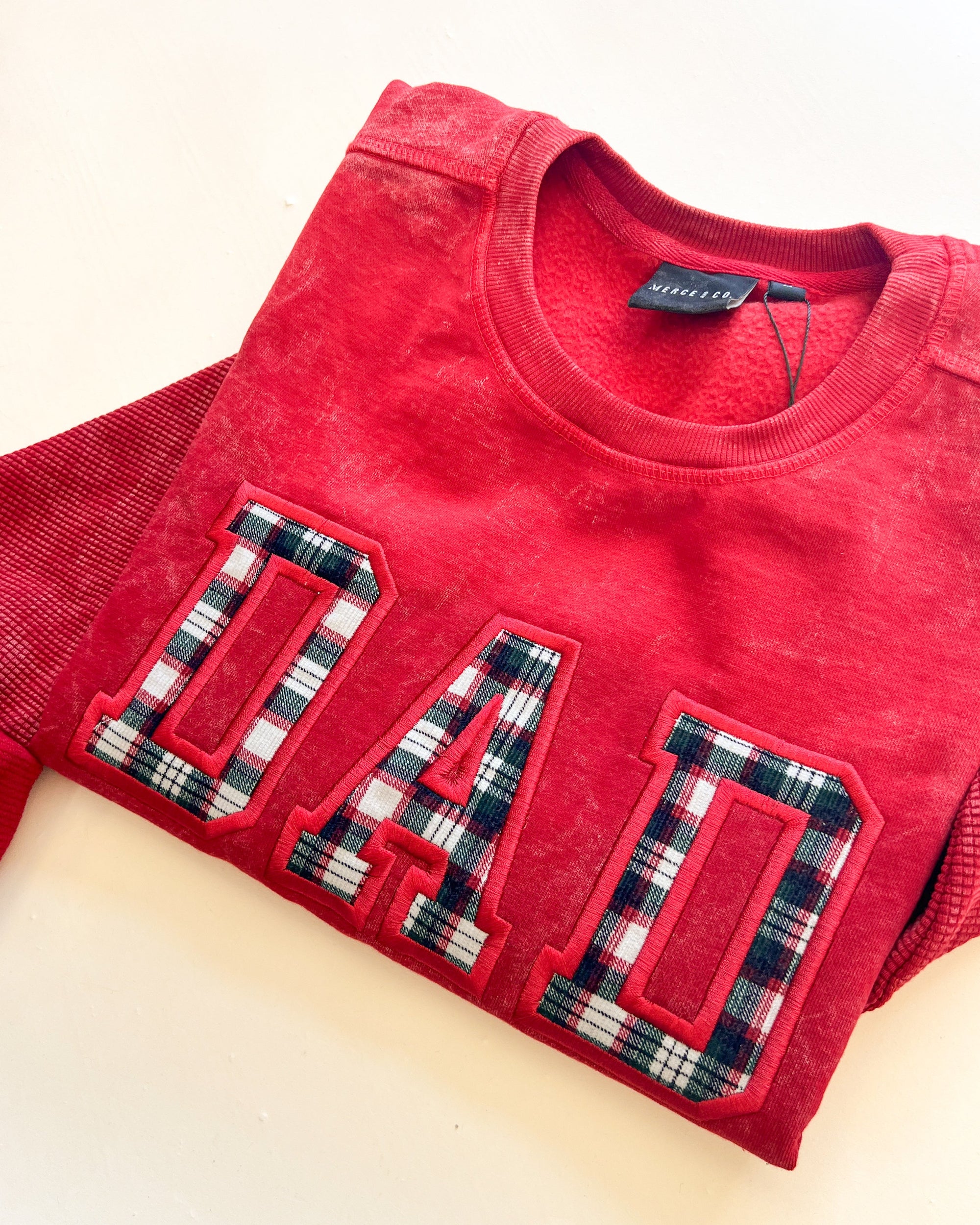 Custom Festive Plaid Applique Waffle Sleeve Crewneck - Ruby