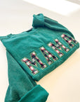 Custom Festive Plaid Applique Waffle Sleeve Crewneck - Pine