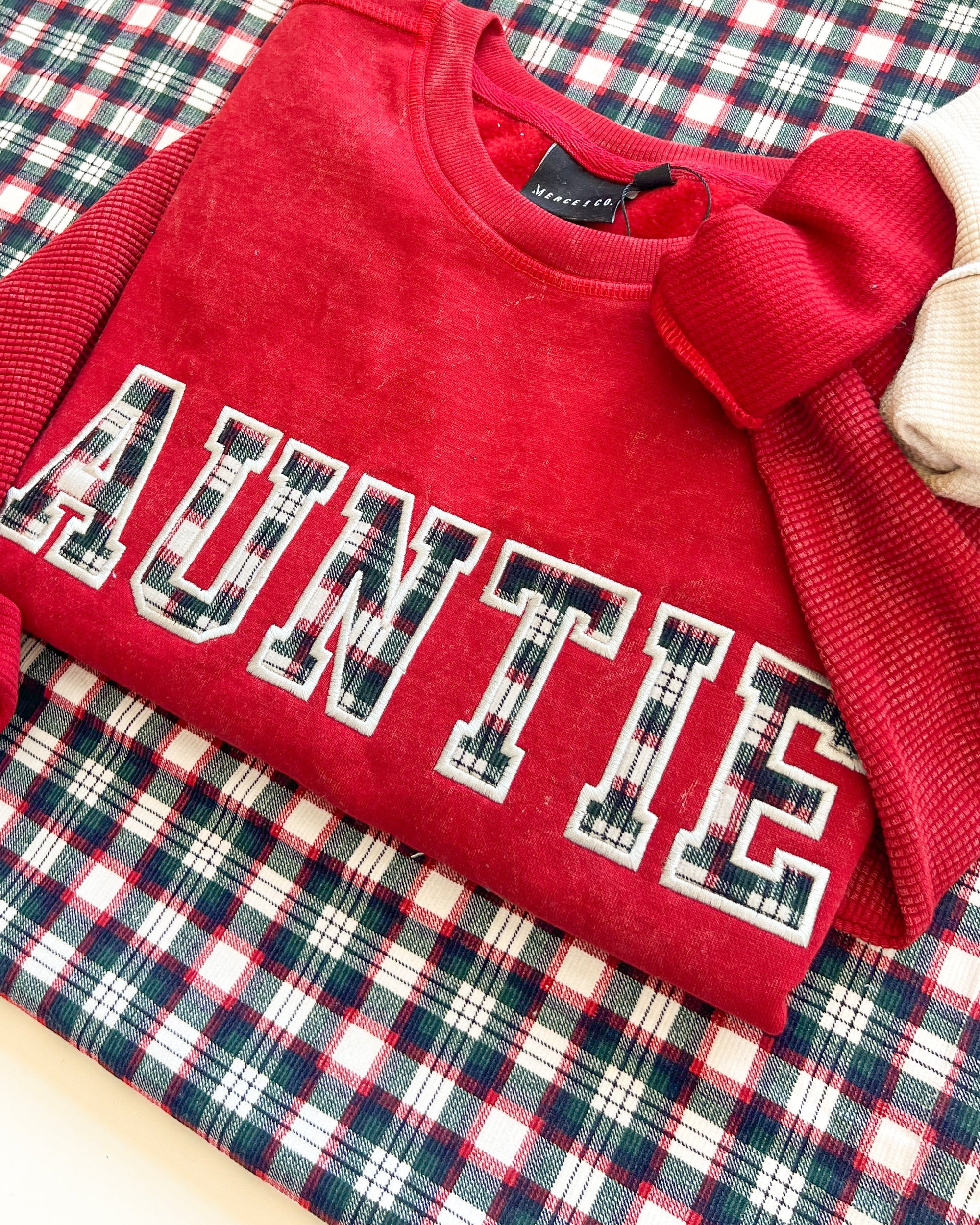 Custom Festive Plaid Applique Waffle Sleeve Crewneck - Ruby