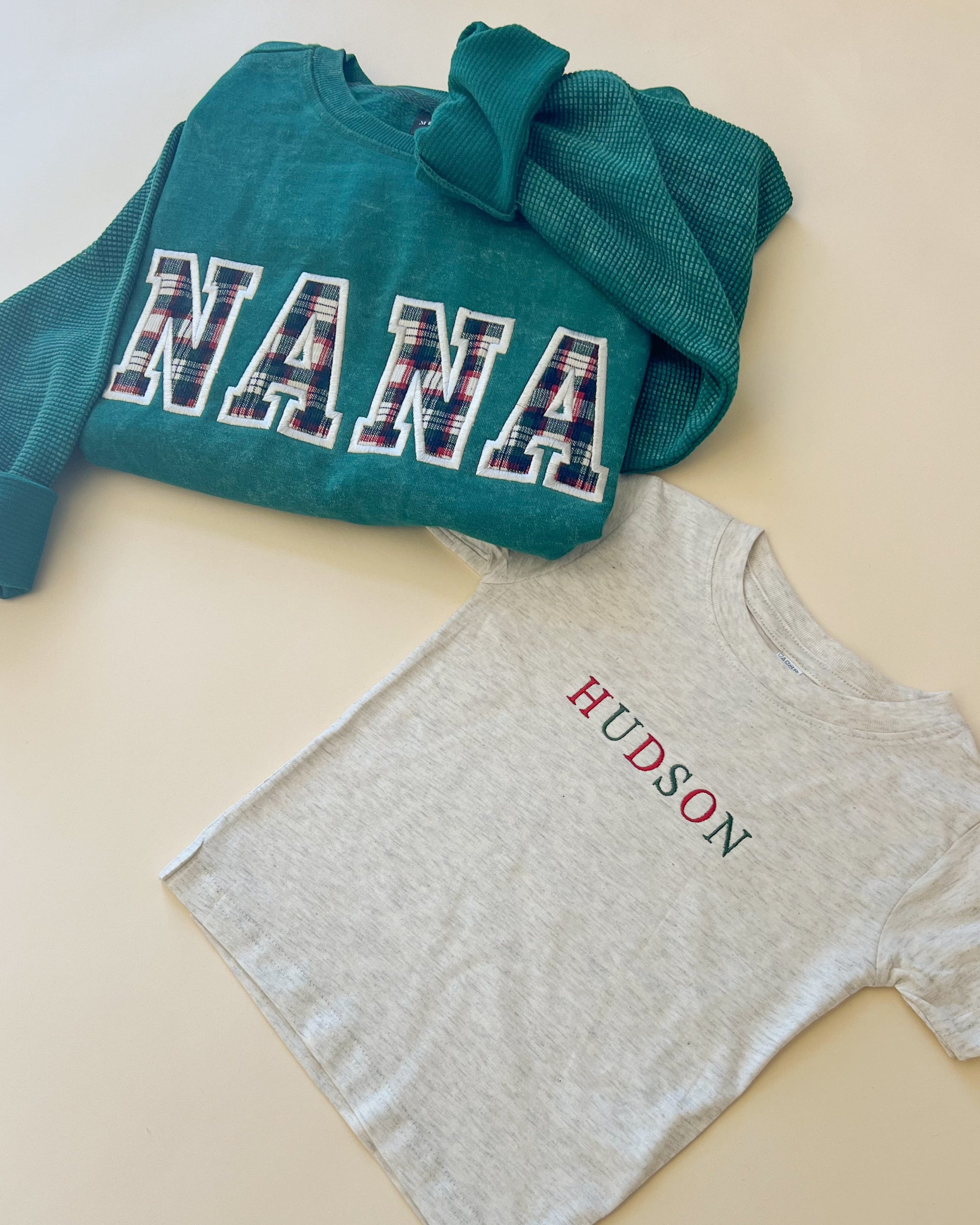 Custom Festive Plaid Applique Waffle Sleeve Crewneck - Pine