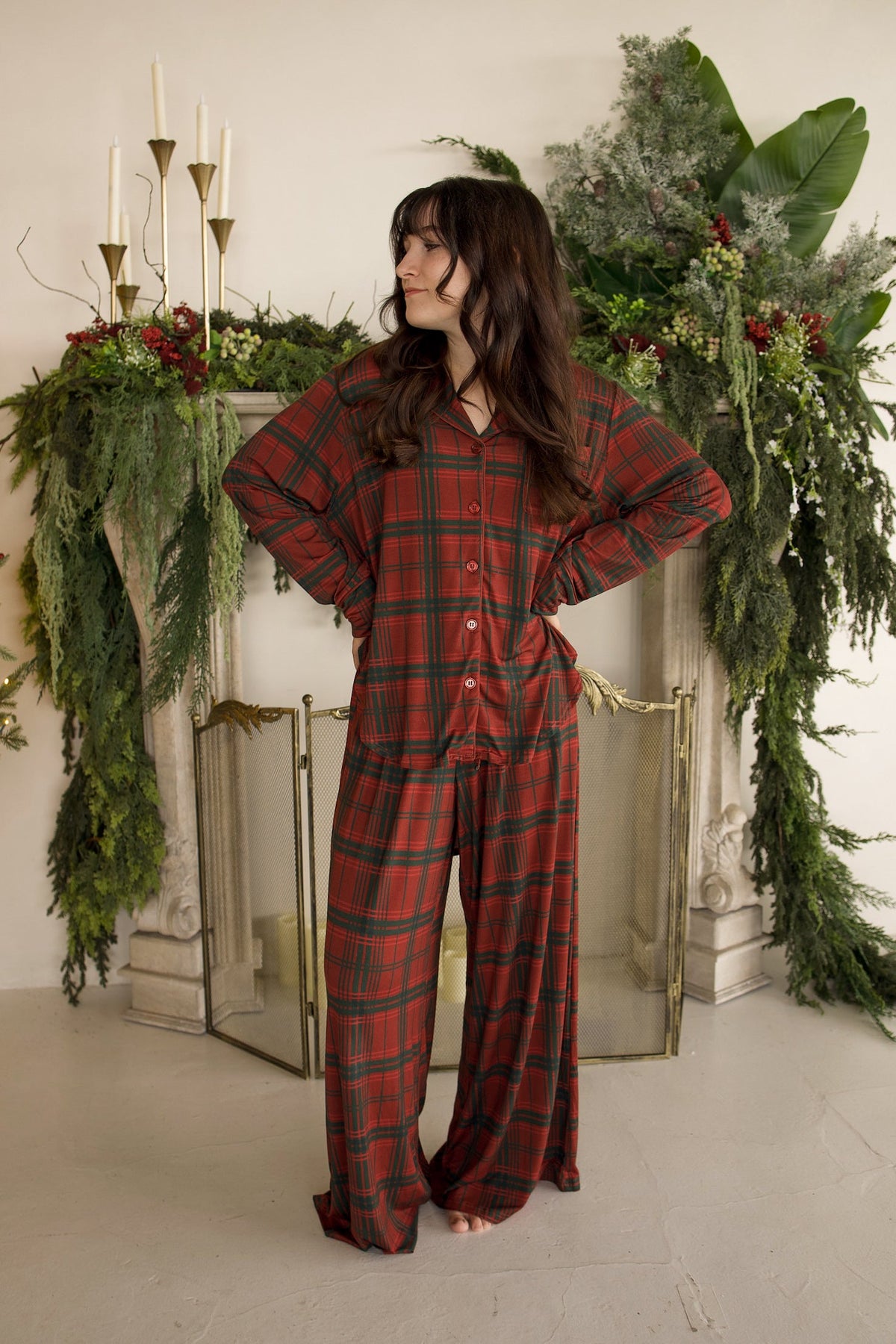 Women's Bamboo Button Up Lounge Set | Christmas Plaid