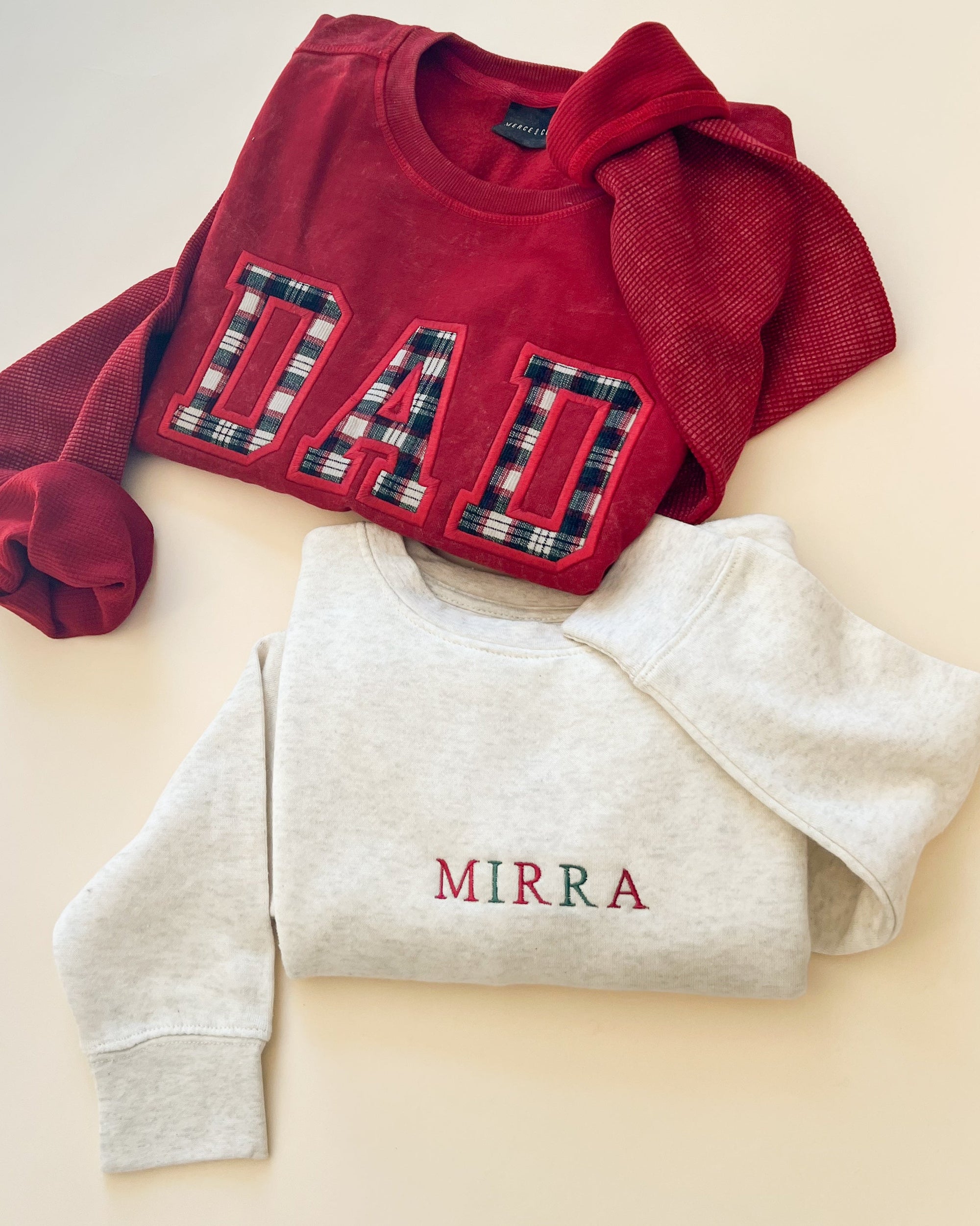 Custom Festive Plaid Applique Waffle Sleeve Crewneck - Ruby