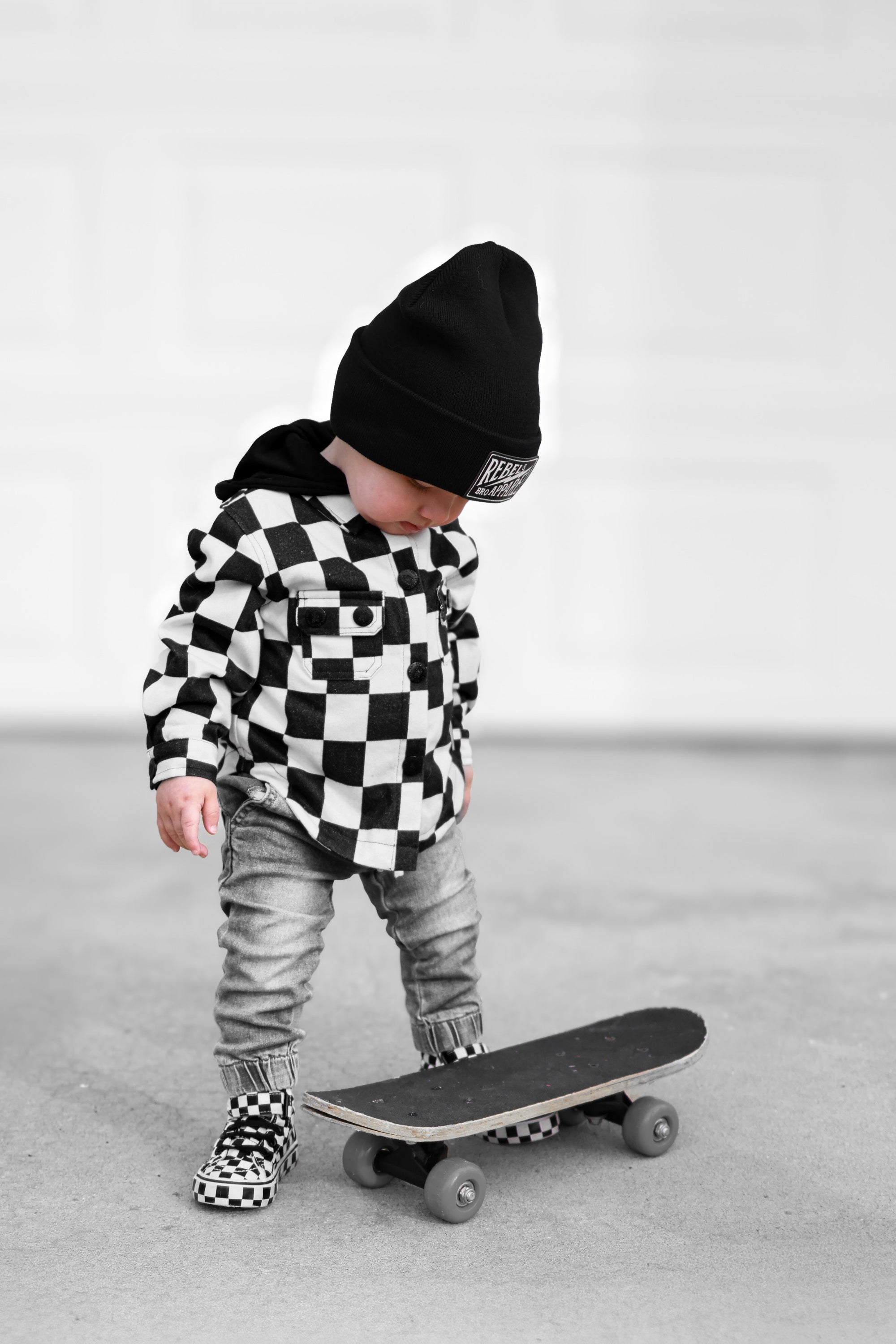 Hooded Flannel in Black + Cream Checkered