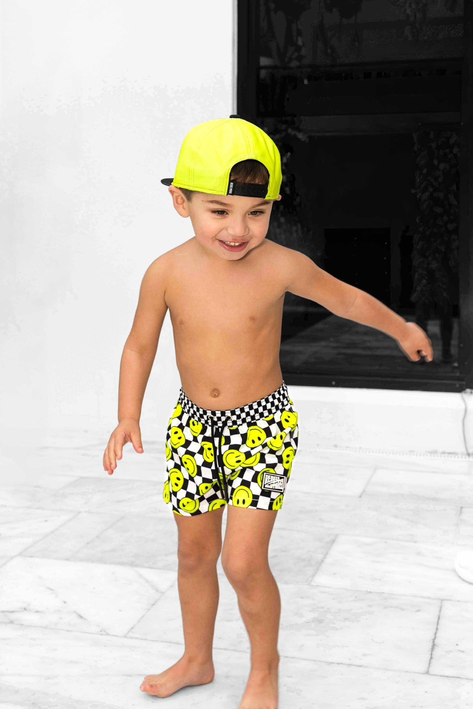 Hybrid Swim Trunks in Neon Electric Lime Smileys - PREORDER