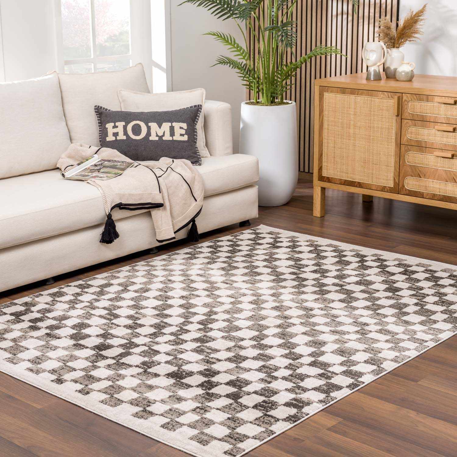 Benjy Cream &amp; Charcoal Checkered Area Rug