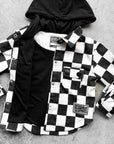 Hooded Flannel in Black + Cream Checkered