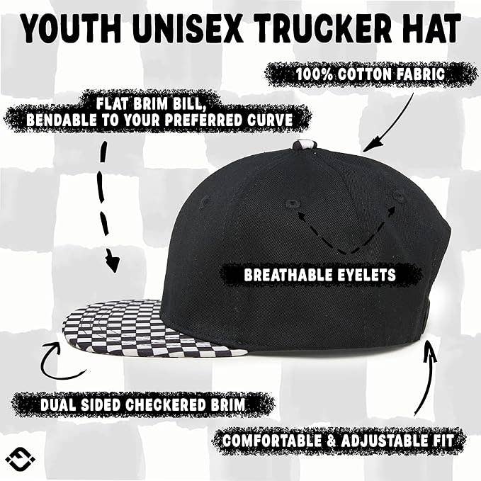 Flat Brim Trucker Hat - Checker Brim - Black