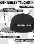 Flat Brim Trucker Hat - Checker Brim - Black
