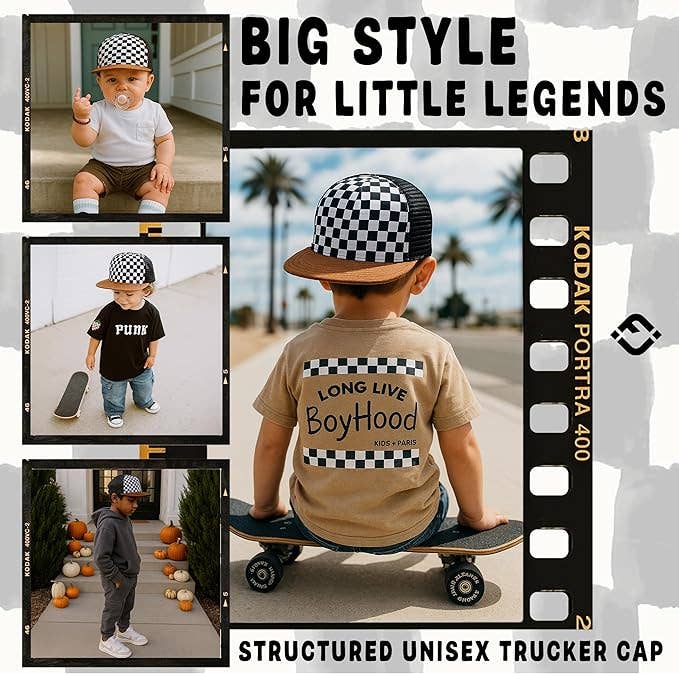 Flat Brim Trucker Hat - Checker/Faux Leather Brim