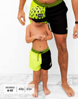 Hybrid Swim Trunks in Neon Electric Lime + Black Colorblock - PREORDER