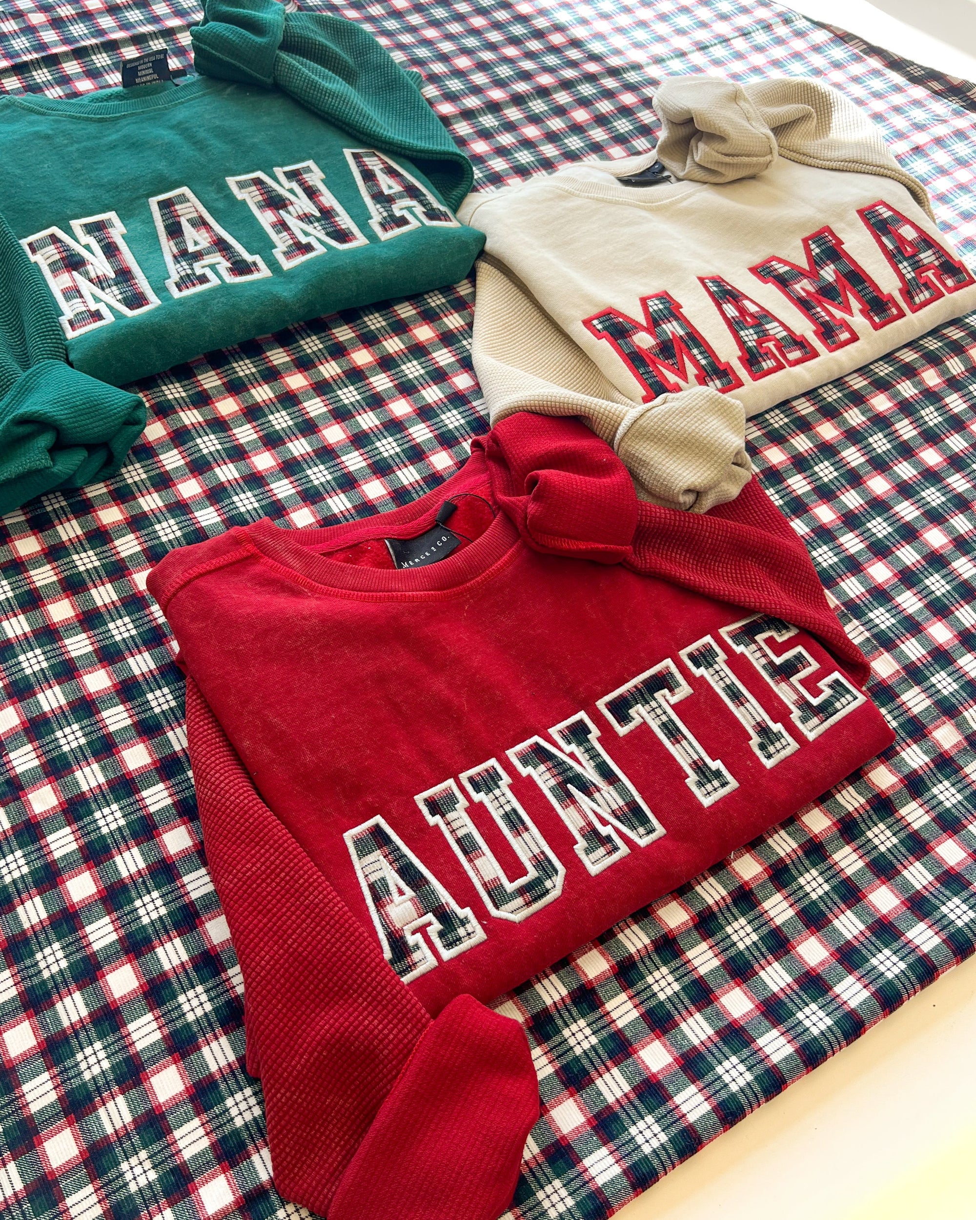 Custom Festive Plaid Applique Waffle Sleeve Crewneck - Ruby
