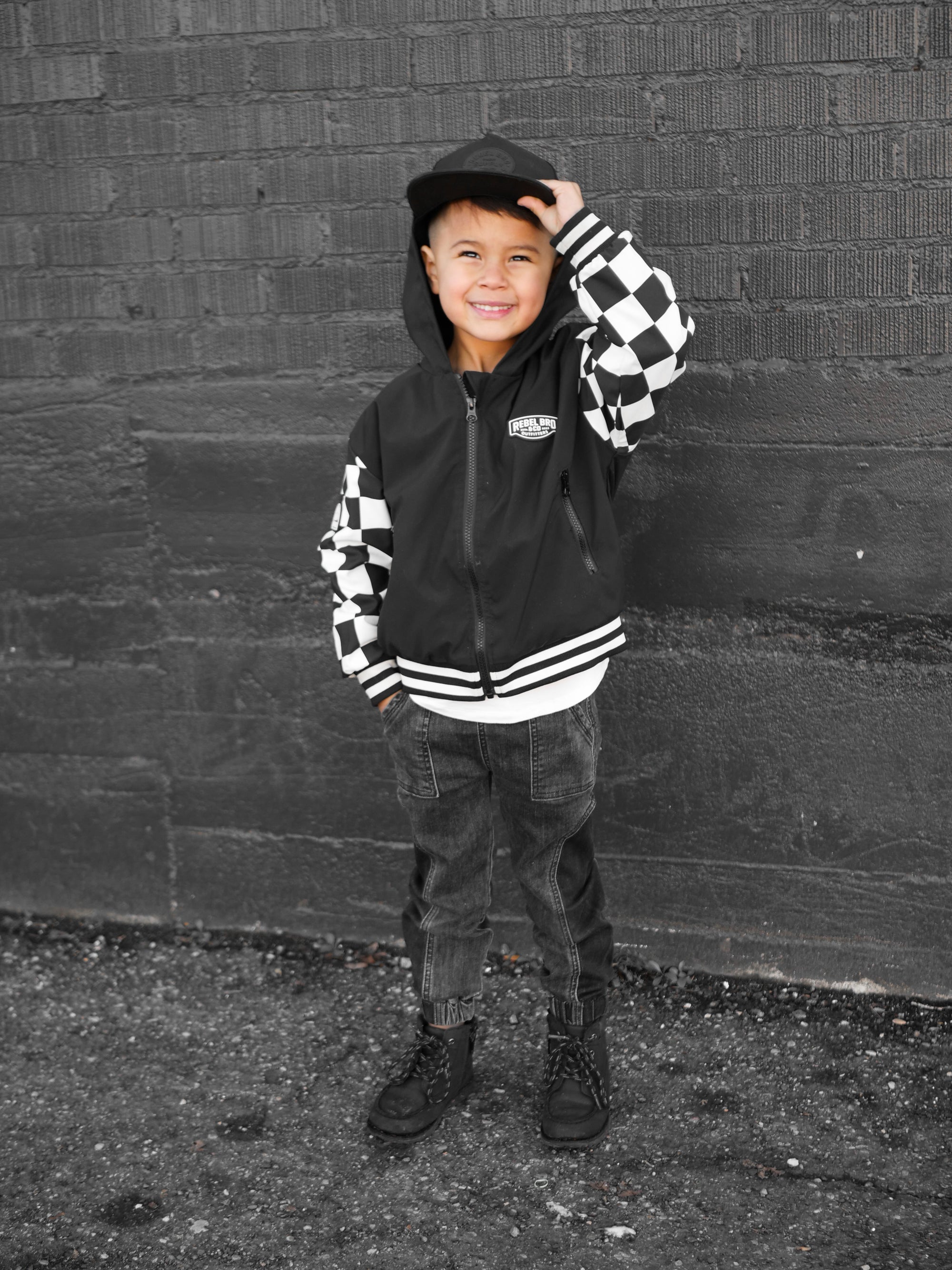 Hydro Letterman Jacket in Black + Cream Checkered