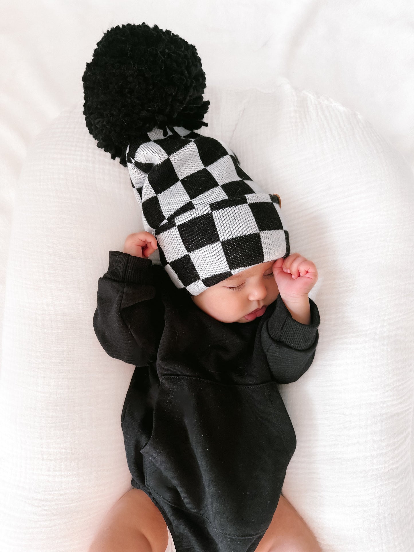 The Newborn Beanie — Black + White Checkered