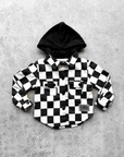 Hooded Flannel in Black + Cream Checkered