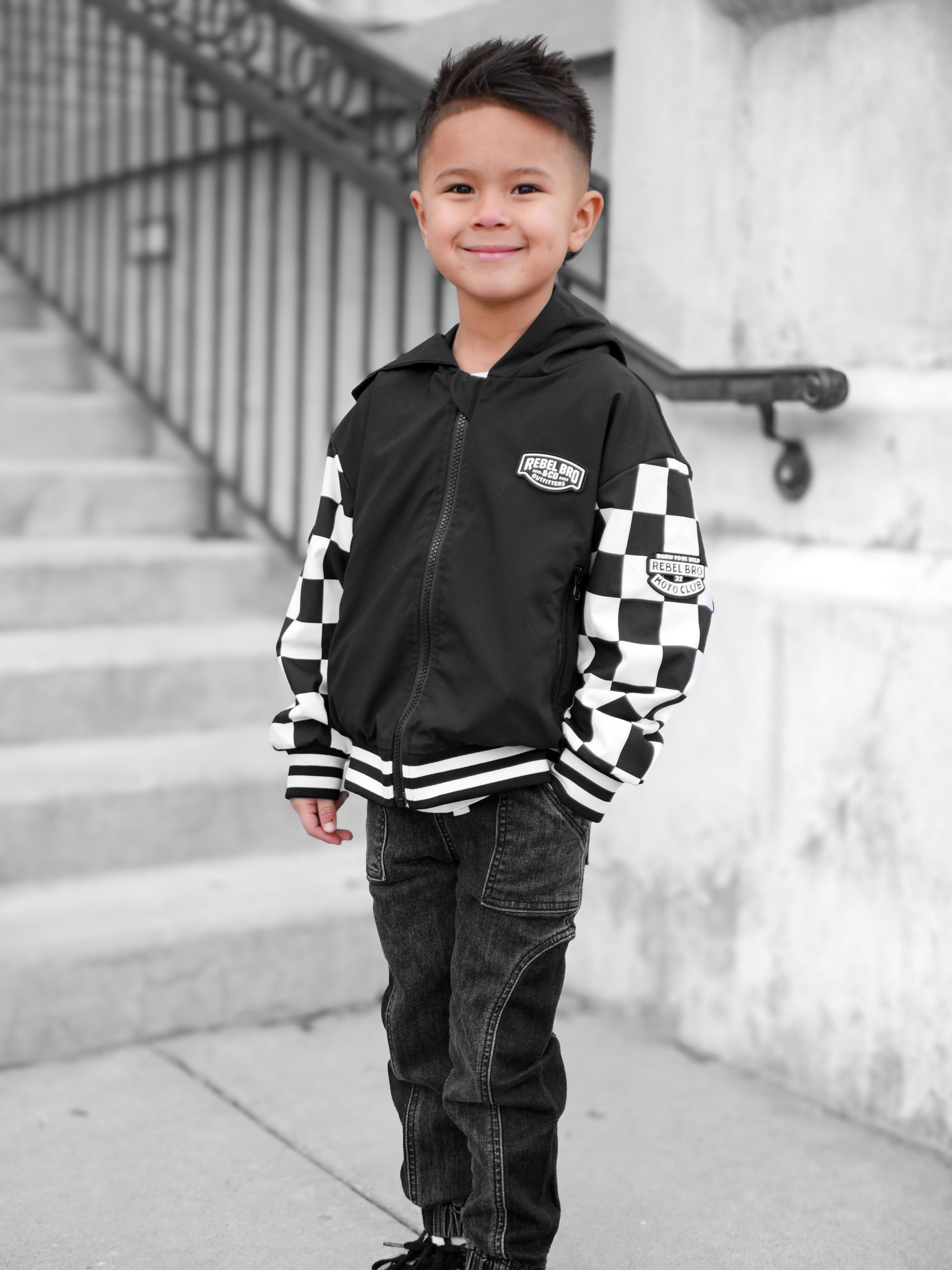 Hydro Letterman Jacket in Black + Cream Checkered