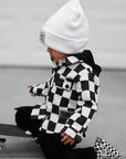 Hooded Flannel in Black + Cream Checkered