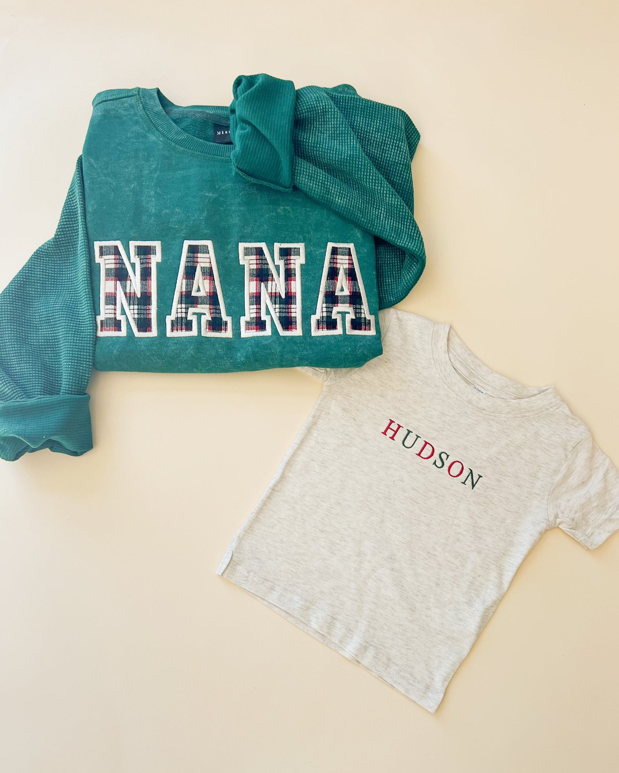 Custom Festive Plaid Applique Waffle Sleeve Crewneck - Pine