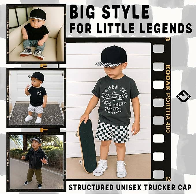 Flat Brim Trucker Hat - Checker Brim - Black