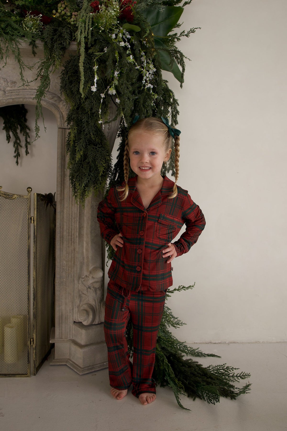 Girl's Bamboo Button Up Lounge Set | Christmas Plaid