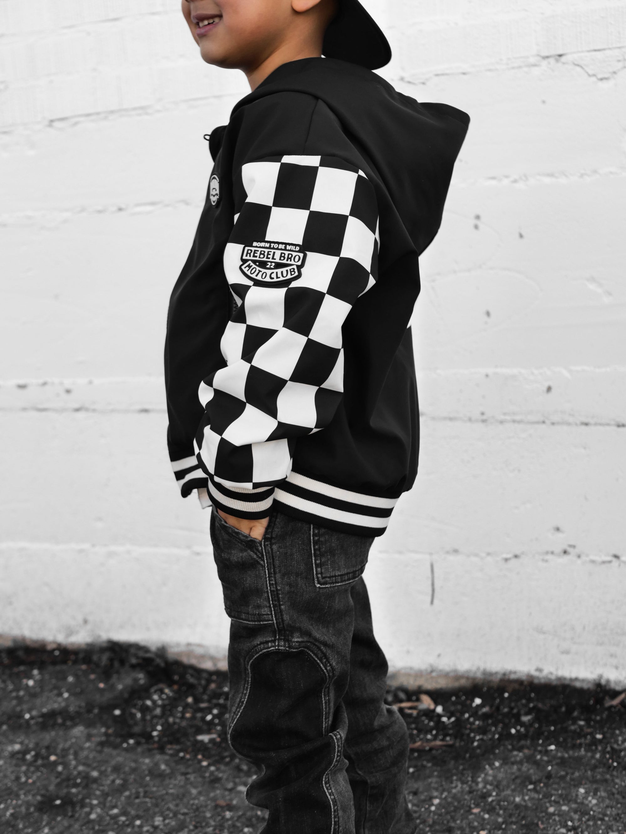 Hydro Letterman Jacket in Black + Cream Checkered