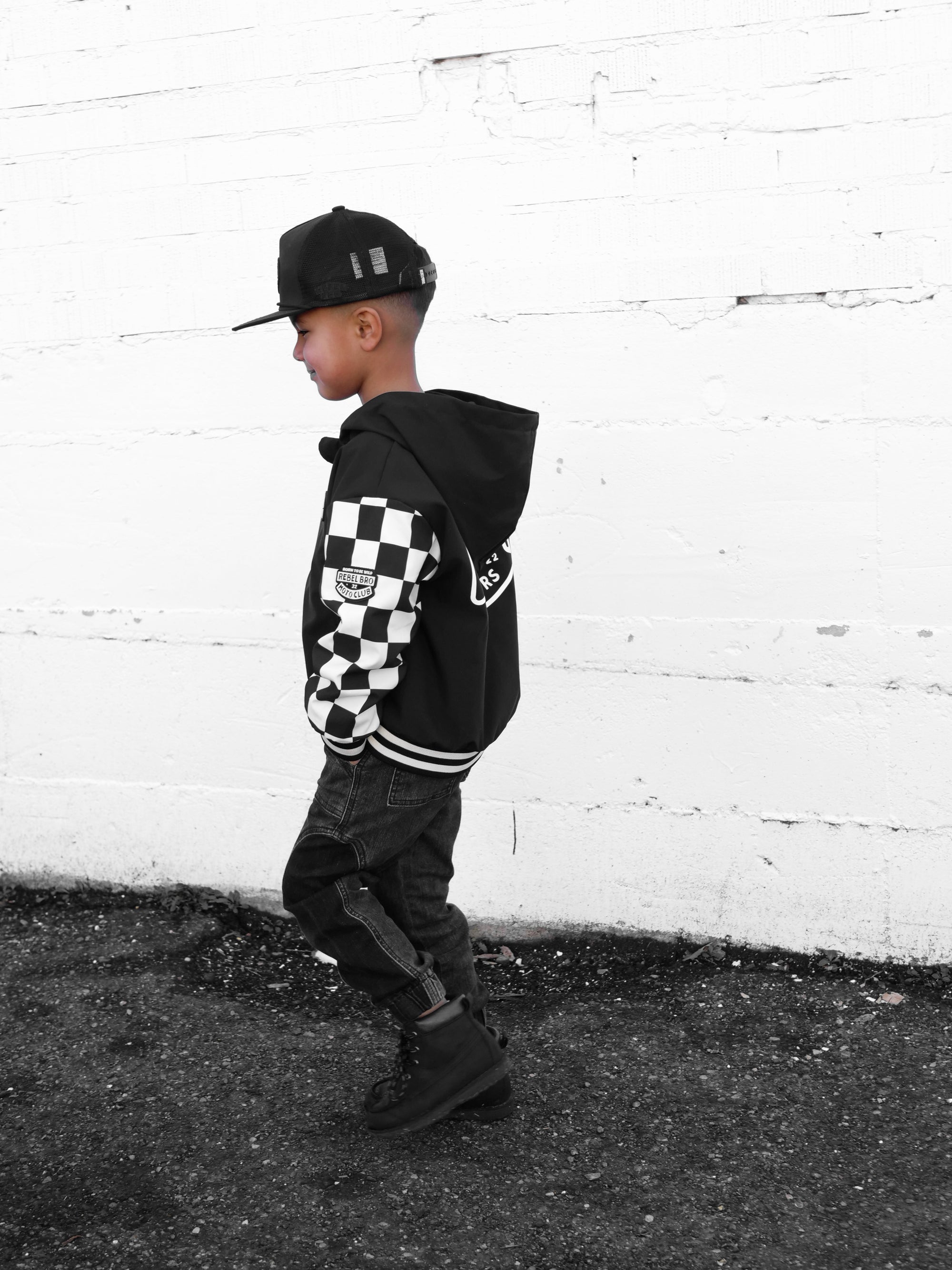 Hydro Letterman Jacket in Black + Cream Checkered