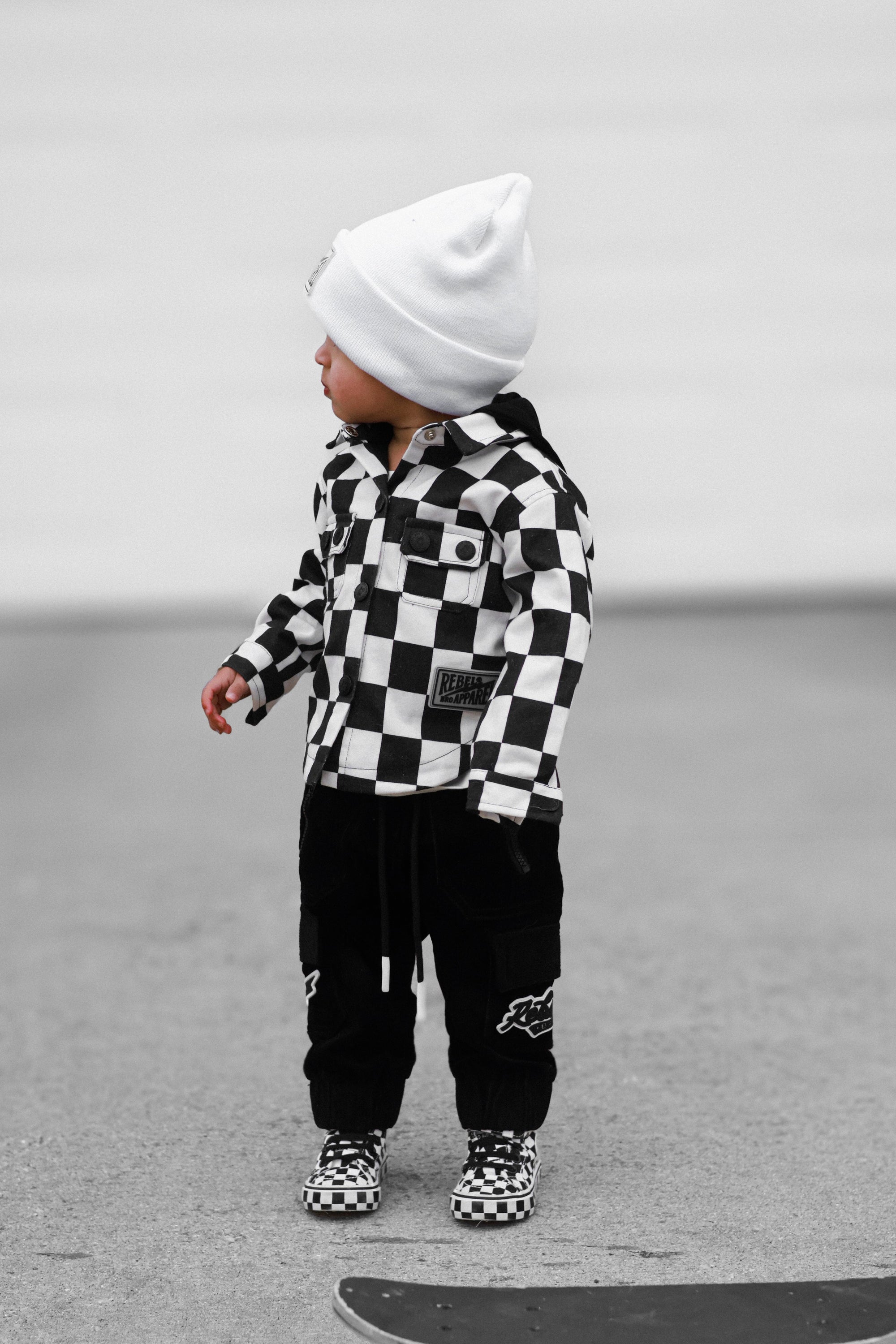 Hooded Flannel in Black + Cream Checkered