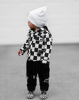 Hooded Flannel in Black + Cream Checkered