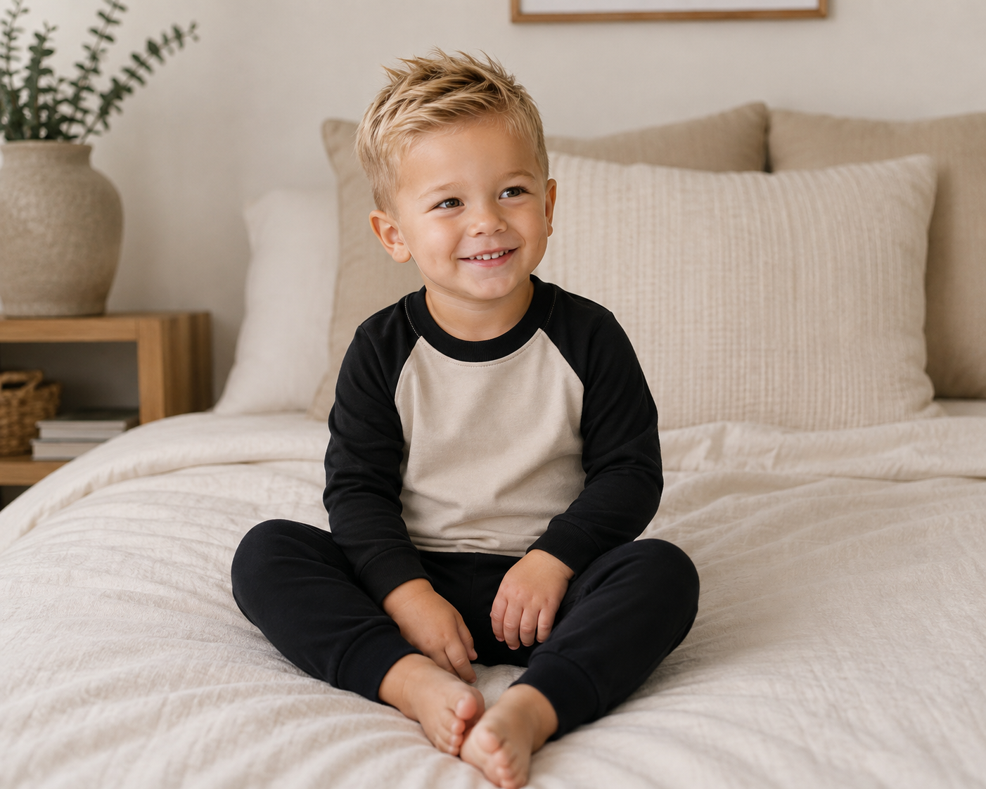 Bamboo Beige + Black Long Sleeve PJs