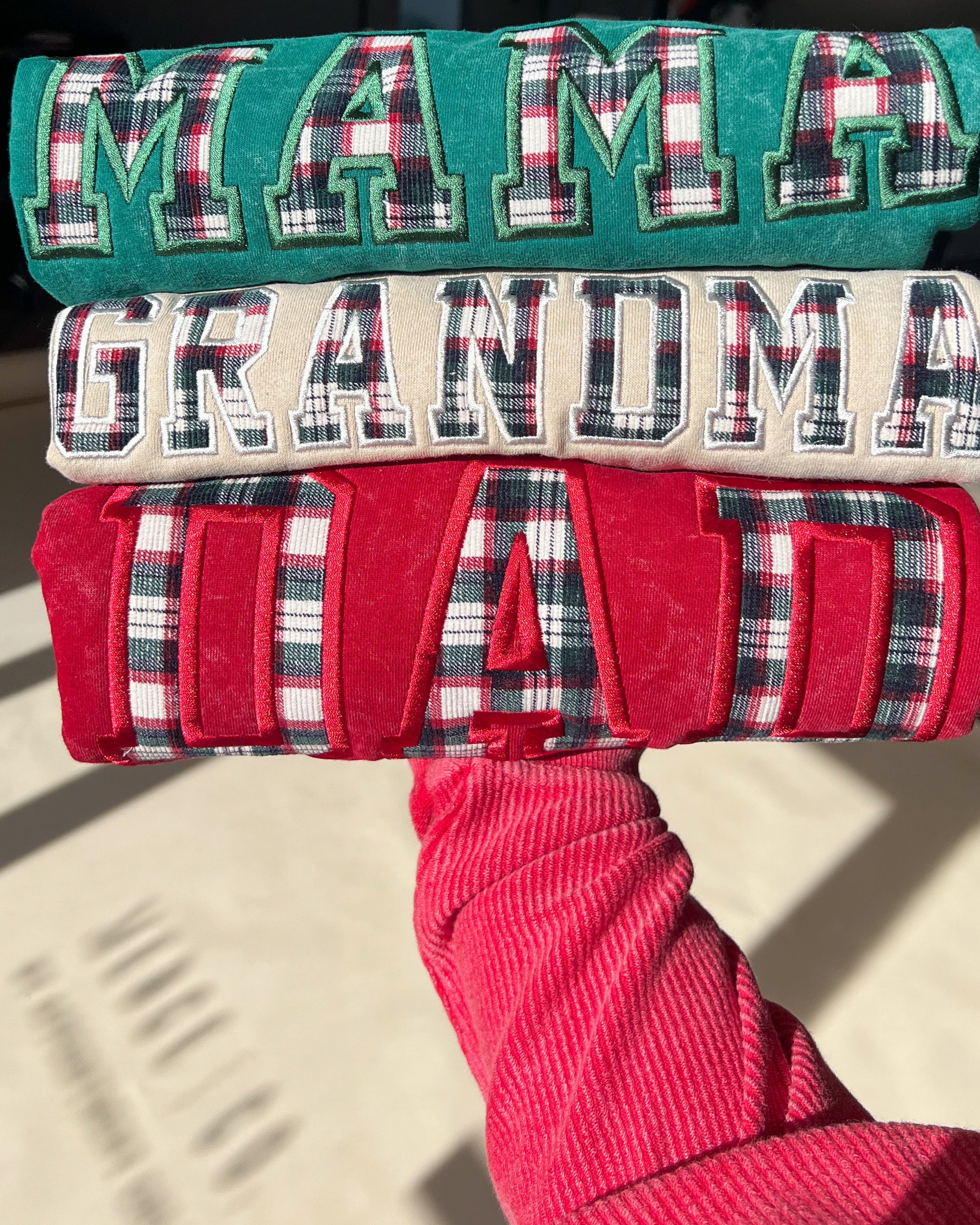 Custom Festive Plaid Applique Waffle Sleeve Crewneck - Pine