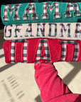Custom Festive Plaid Applique Waffle Sleeve Crewneck - Pine