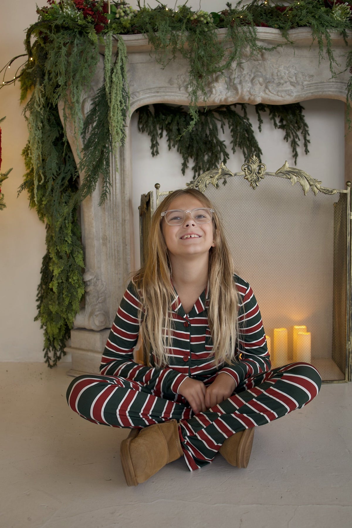 Girl's Bamboo Button Up Lounge Set | Holiday Stripe