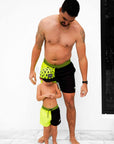 Hybrid Swim Trunks in Neon Electric Lime + Black Colorblock - PREORDER