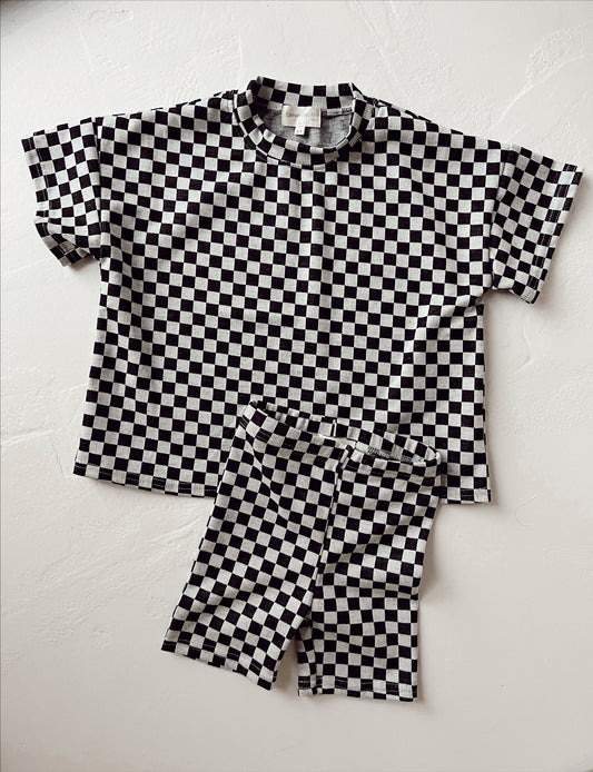 Black & Grey Checkerboard | Short Sleeve Biker Shorts Set