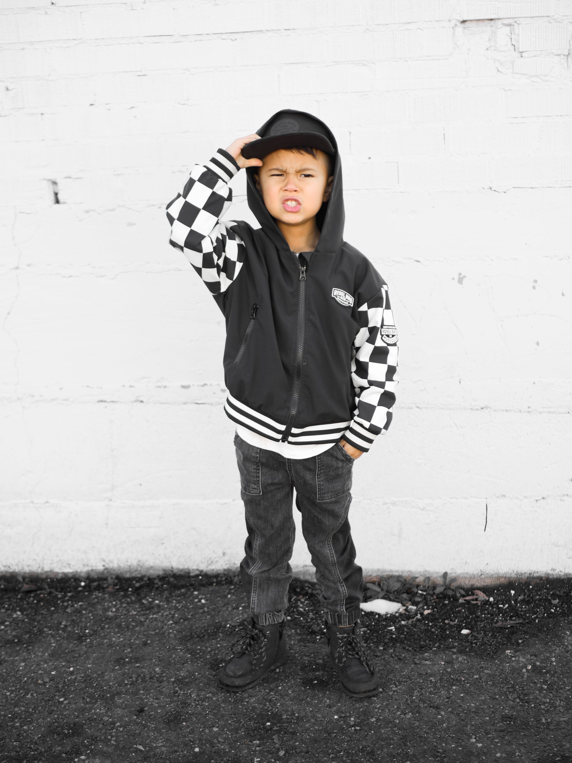 Hydro Letterman Jacket in Black + Cream Checkered