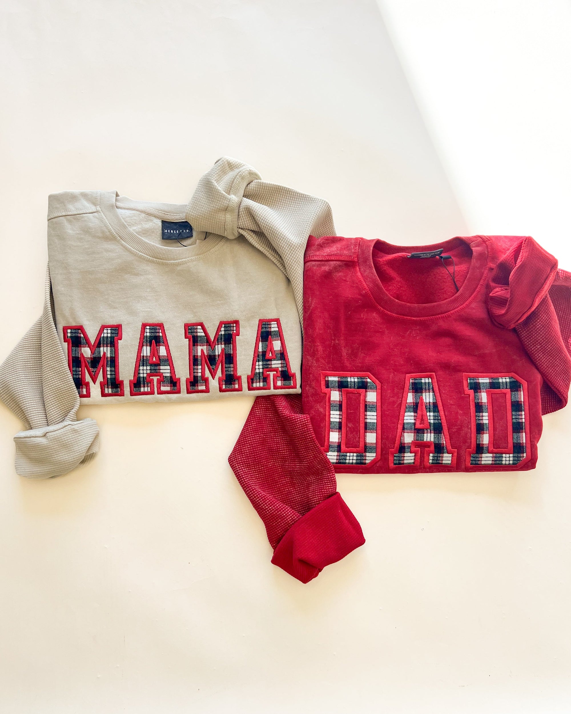 Custom Festive Plaid Applique Waffle Sleeve Crewneck - Ruby