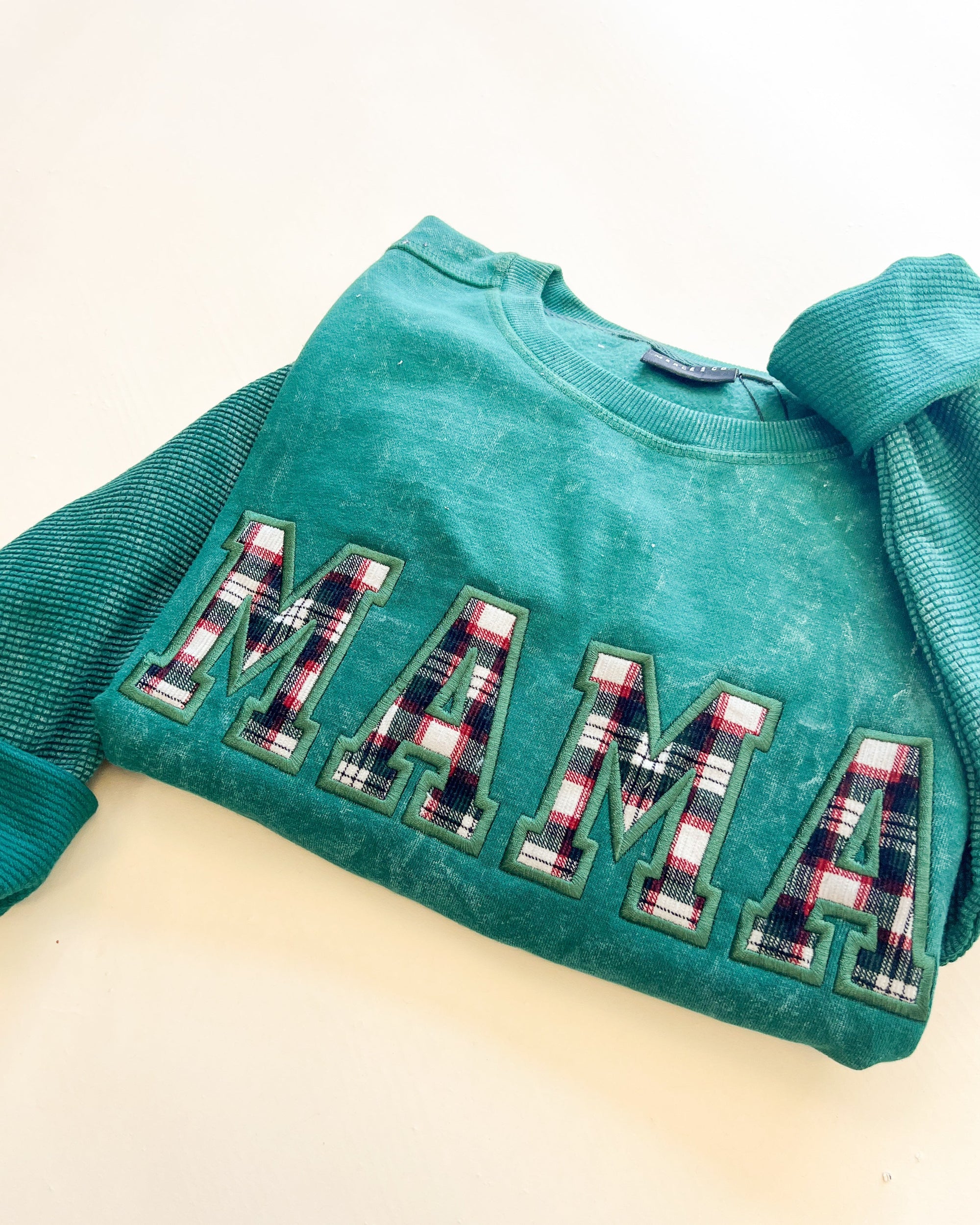 Custom Festive Plaid Applique Waffle Sleeve Crewneck - Pine