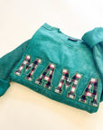 Custom Festive Plaid Applique Waffle Sleeve Crewneck - Pine