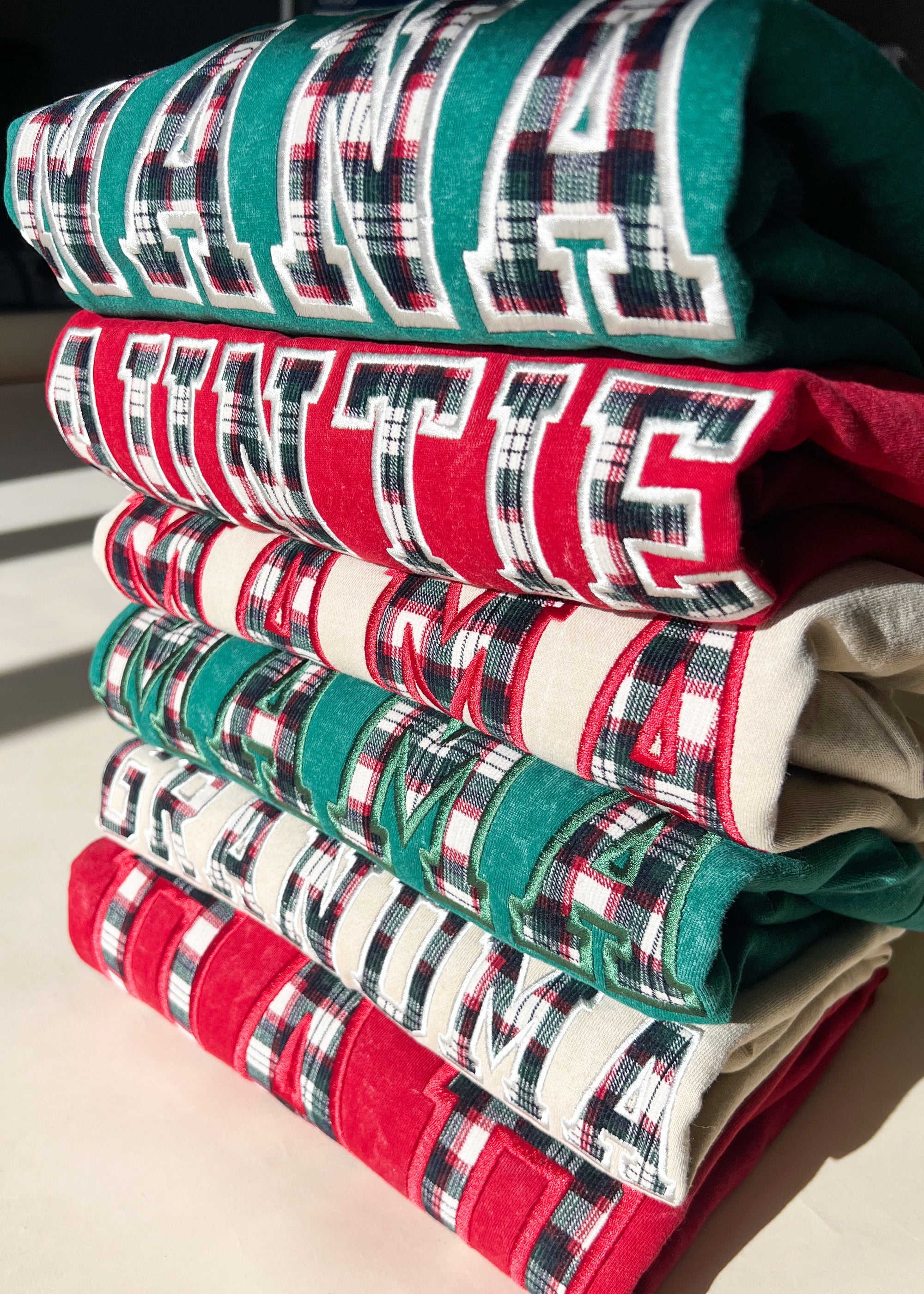 Custom Festive Plaid Applique Waffle Sleeve Crewneck - Pine