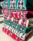 Custom Festive Plaid Applique Waffle Sleeve Crewneck - Pine