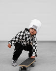 Hooded Flannel in Black + Cream Checkered