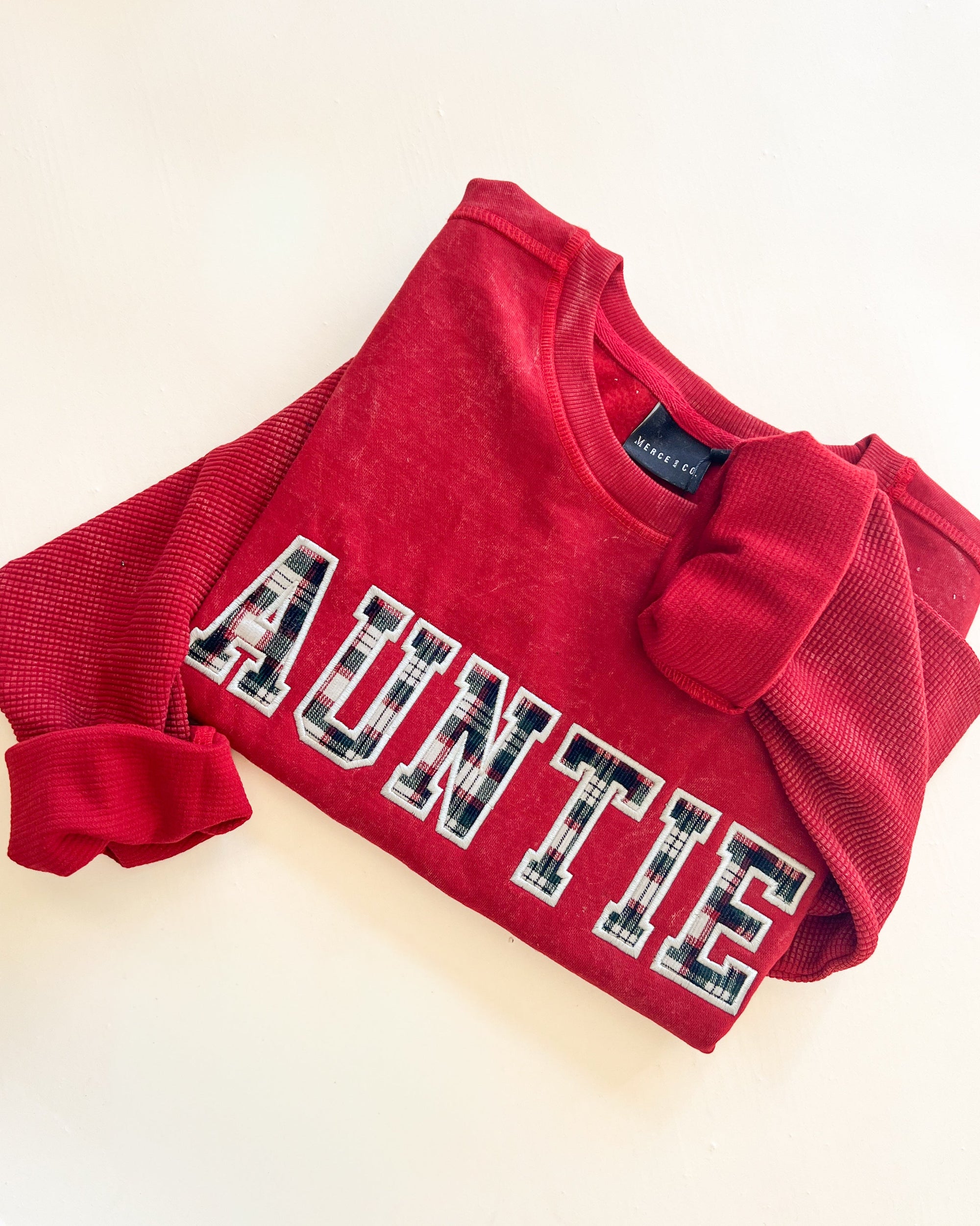 Custom Festive Plaid Applique Waffle Sleeve Crewneck - Ruby