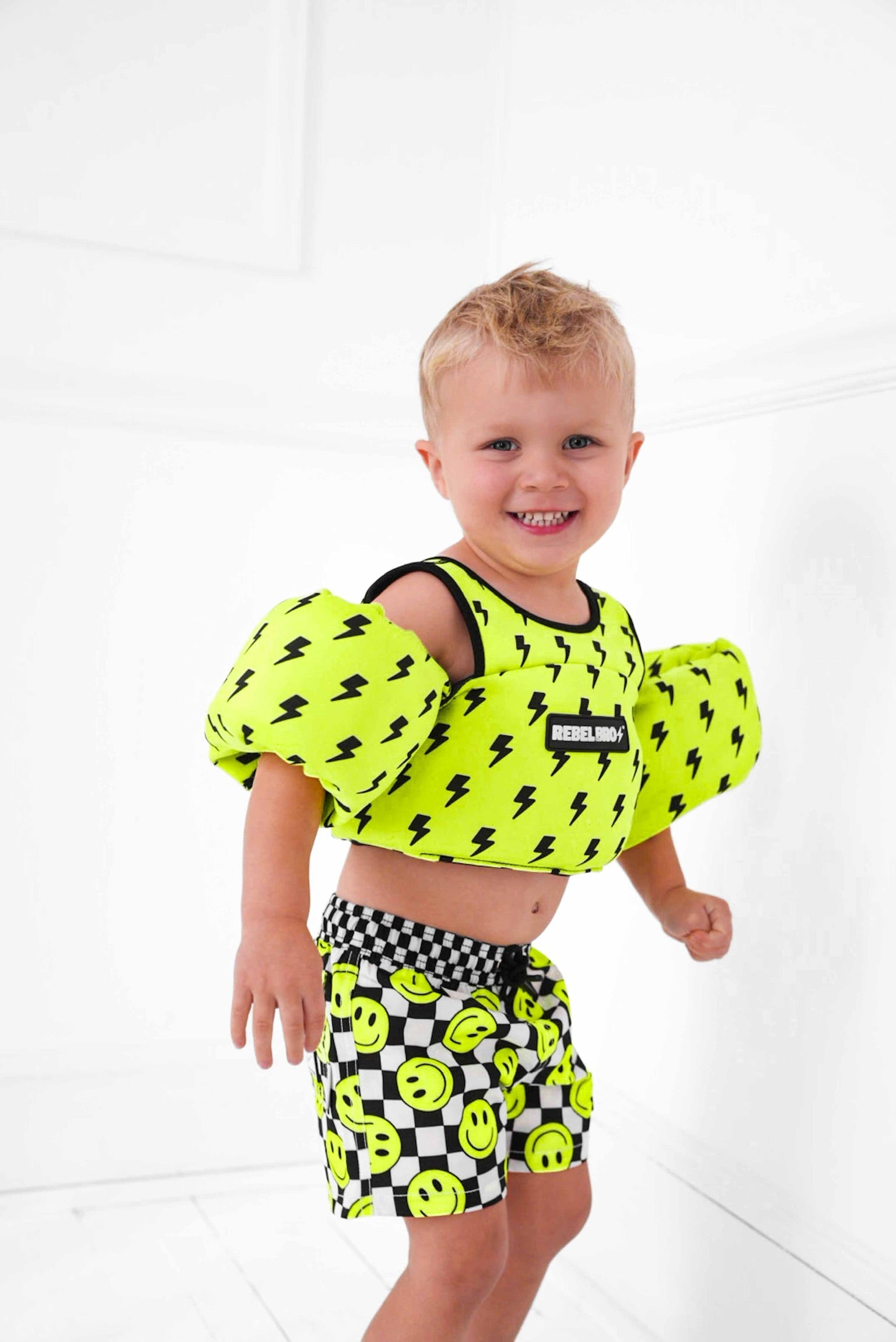 Hybrid Swim Trunks in Neon Electric Lime Smileys - PREORDER