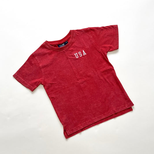 USA Block Embroidered Acid Wash Tee - Red