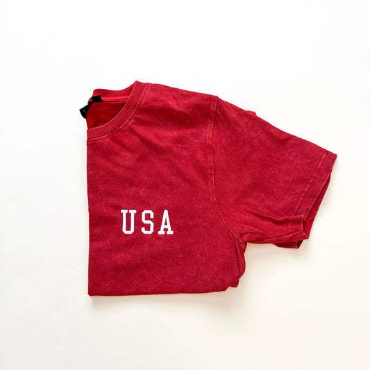 USA Block Embroidered Adult Acid Wash Tee - Red
