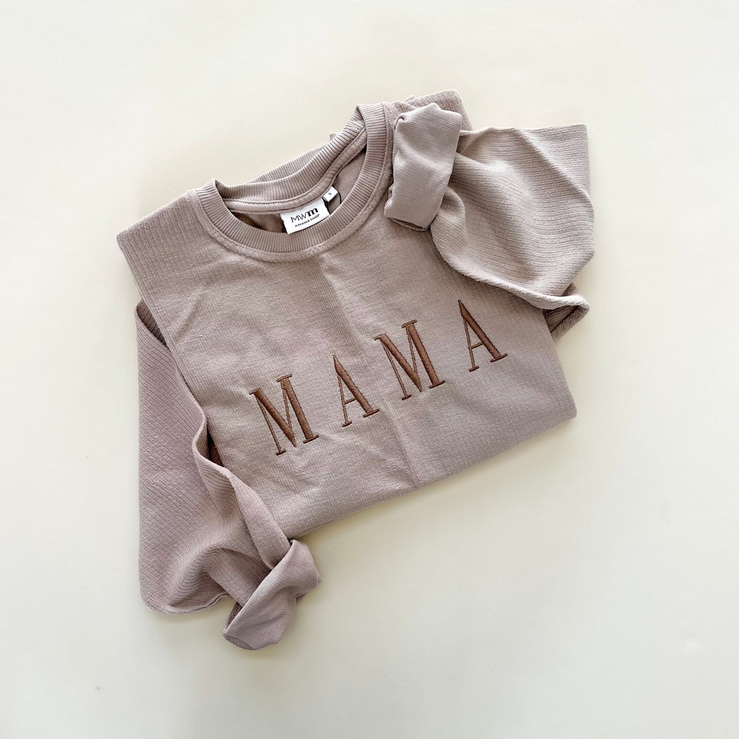 Elegant Mama Embroidered Corded Crewneck - Latte