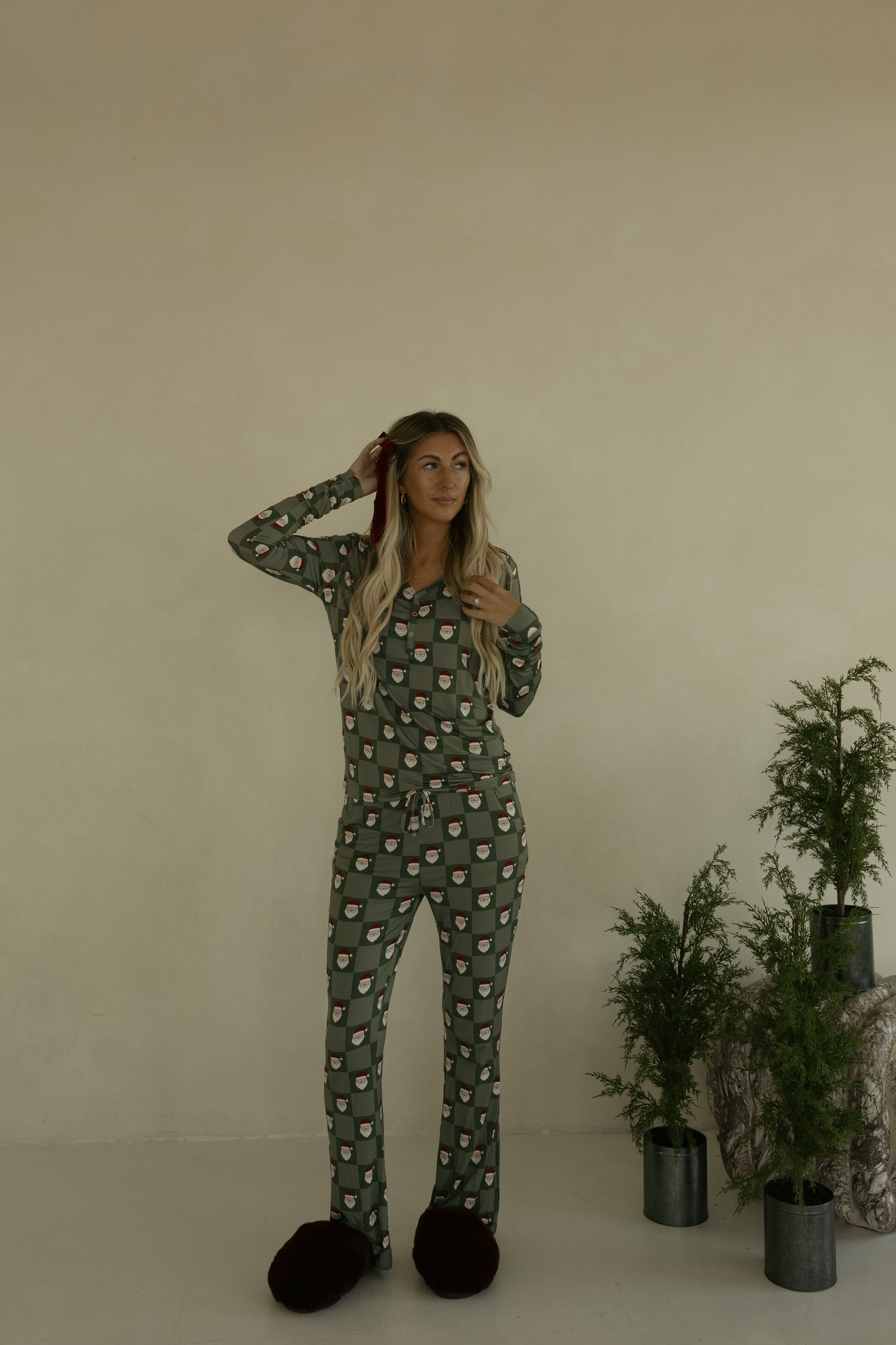 Women&#39;s Bamboo Pajamas | Santa Checkerboard
