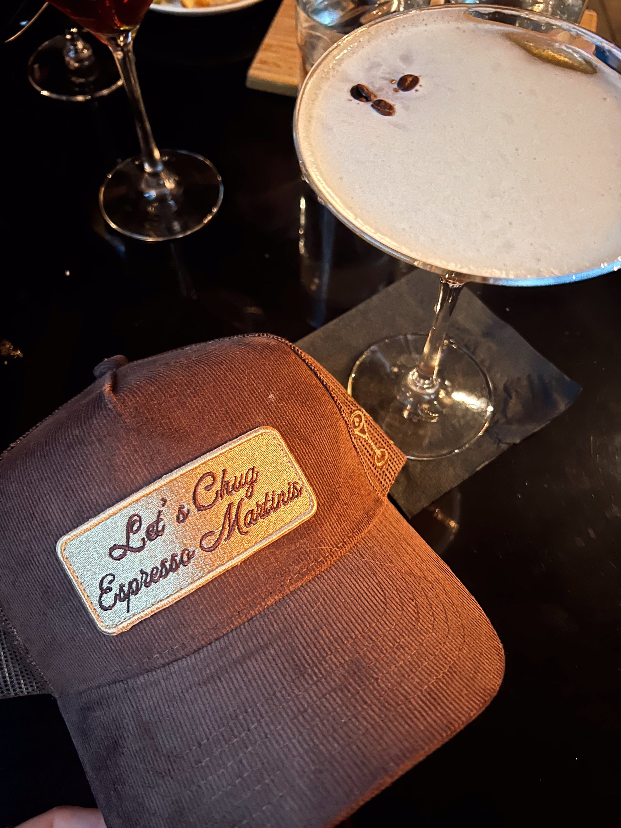 Let&#39;s Chug Espresso Martinis - Brown Corduroy Trucker Hat